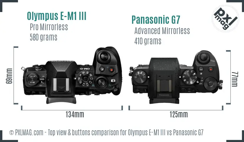 Olympus E-M1 III vs Panasonic G7 top view buttons comparison
