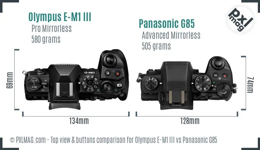 Olympus E-M1 III vs Panasonic G85 top view buttons comparison