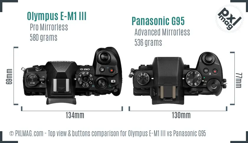 Olympus E-M1 III vs Panasonic G95 top view buttons comparison