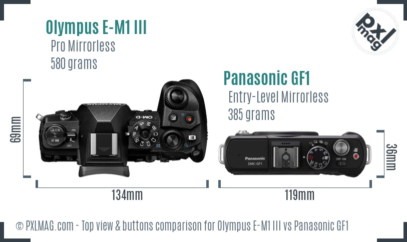 Olympus E-M1 III vs Panasonic GF1 top view buttons comparison