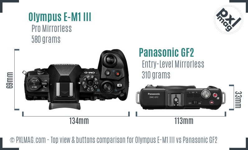 Olympus E-M1 III vs Panasonic GF2 top view buttons comparison