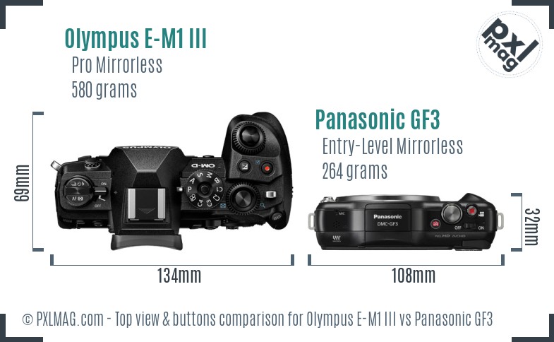 Olympus E-M1 III vs Panasonic GF3 top view buttons comparison