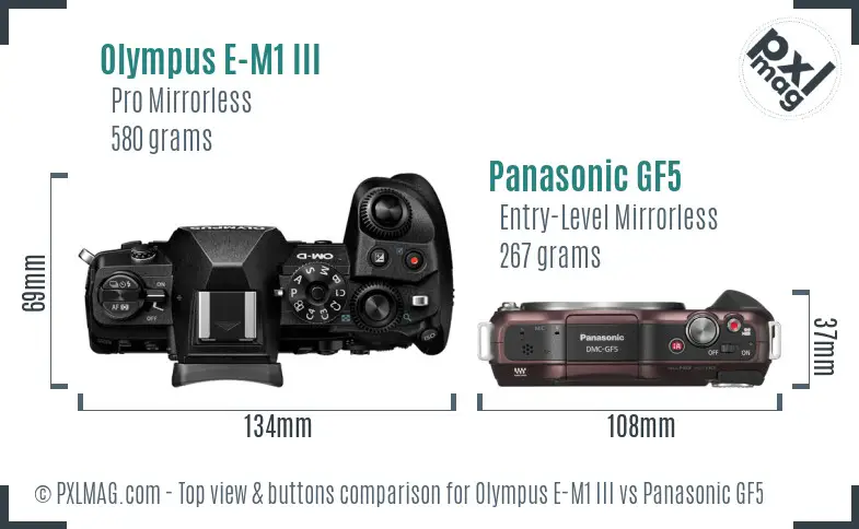 Olympus E-M1 III vs Panasonic GF5 top view buttons comparison