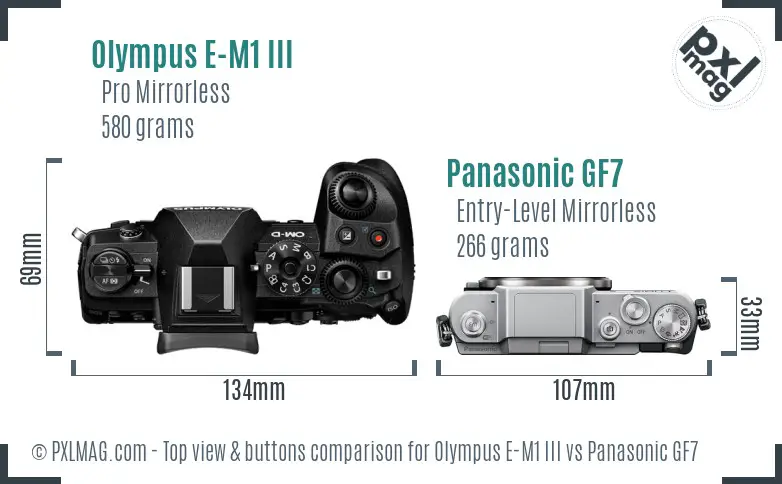 Olympus E-M1 III vs Panasonic GF7 top view buttons comparison