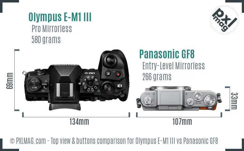 Olympus E-M1 III vs Panasonic GF8 top view buttons comparison