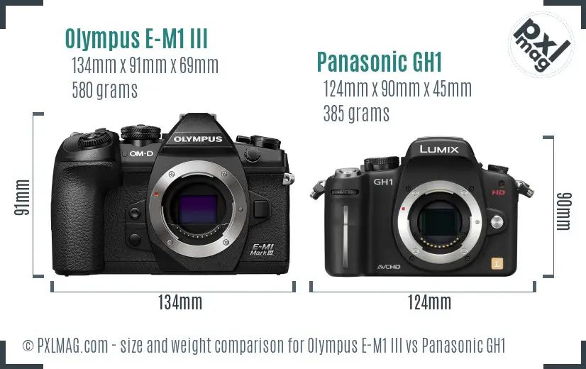 Olympus E-M1 III vs Panasonic GH1 size comparison