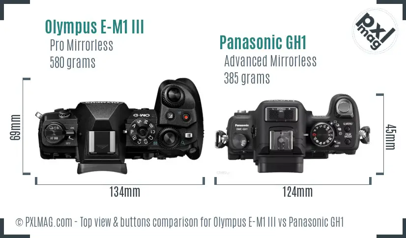 Olympus E-M1 III vs Panasonic GH1 top view buttons comparison
