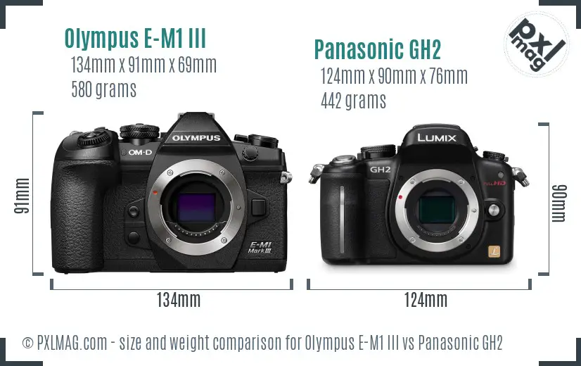 Olympus E-M1 III vs Panasonic GH2 size comparison