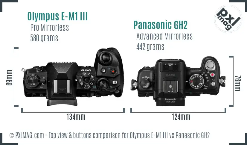 Olympus E-M1 III vs Panasonic GH2 top view buttons comparison