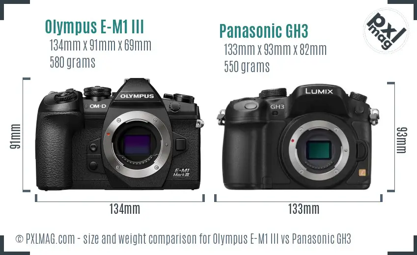 Olympus E-M1 III vs Panasonic GH3 size comparison