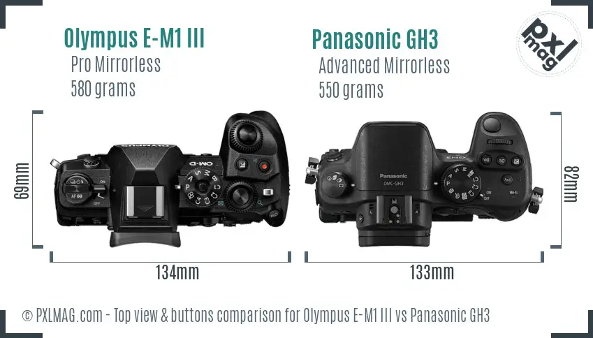 Olympus E-M1 III vs Panasonic GH3 top view buttons comparison
