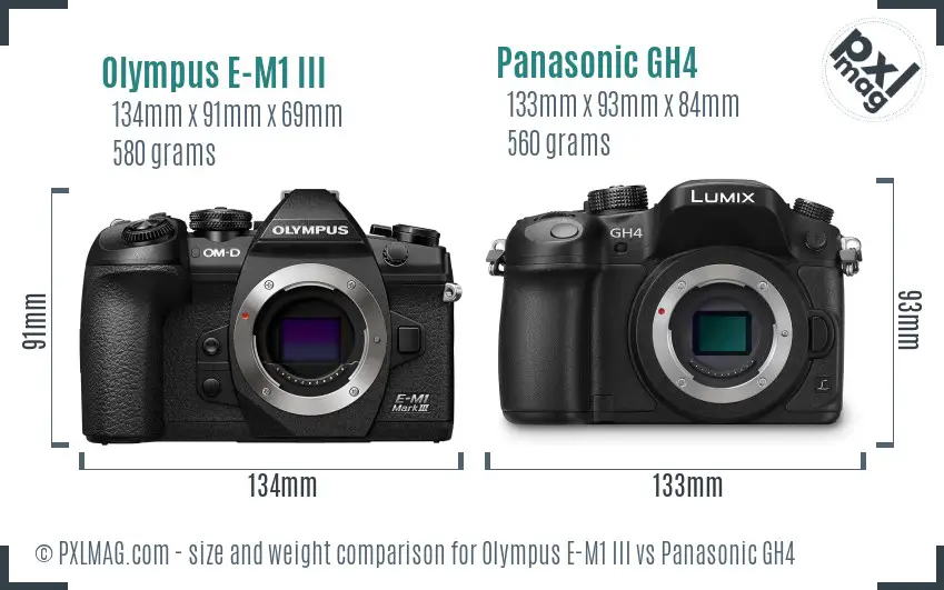 Olympus E-M1 III vs Panasonic GH4 size comparison