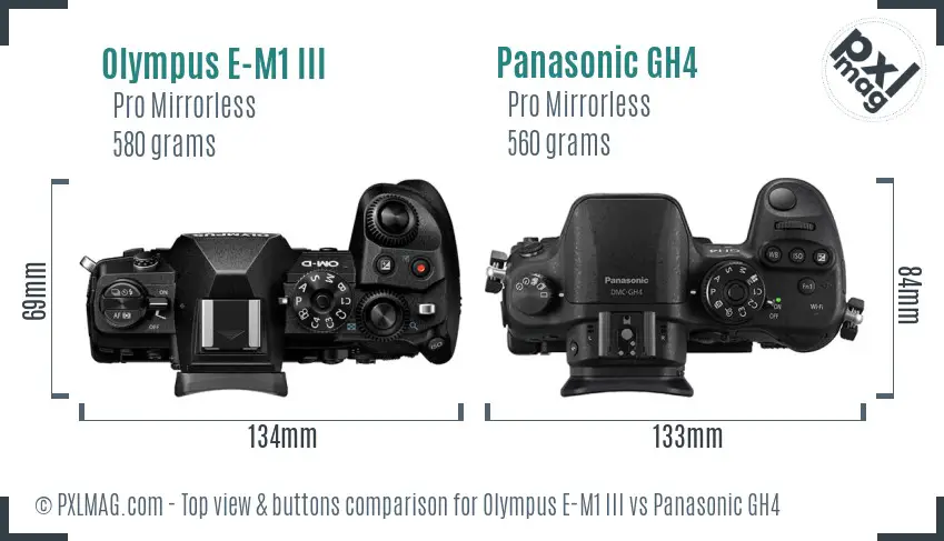 Olympus E-M1 III vs Panasonic GH4 top view buttons comparison