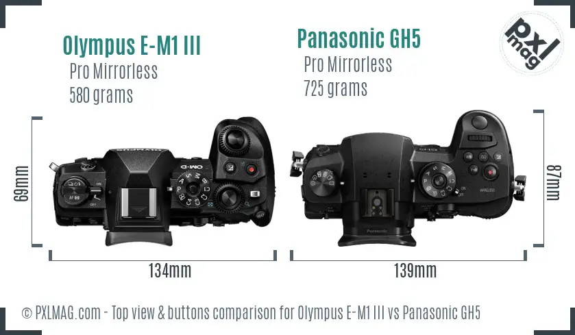 Olympus E-M1 III vs Panasonic GH5 top view buttons comparison