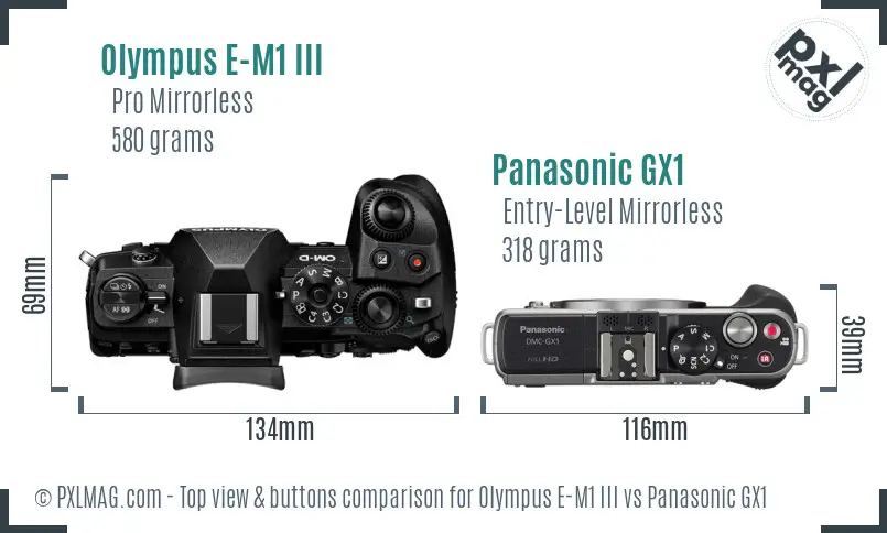 Olympus E-M1 III vs Panasonic GX1 top view buttons comparison