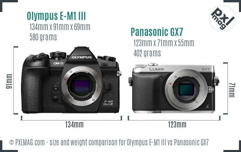 Olympus E-M1 III vs Panasonic GX7 size comparison