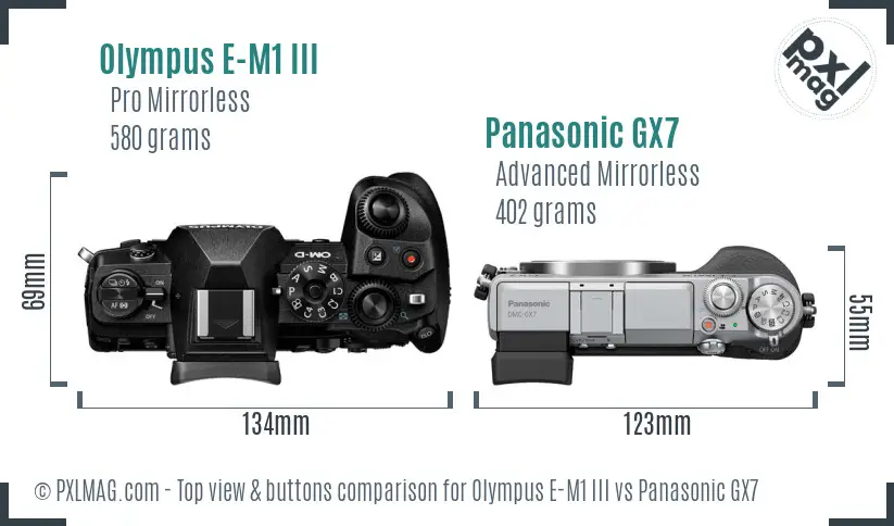 Olympus E-M1 III vs Panasonic GX7 top view buttons comparison