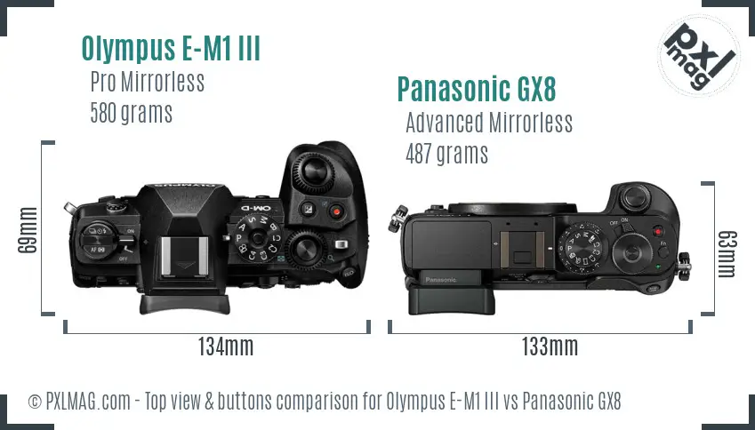 Olympus E-M1 III vs Panasonic GX8 top view buttons comparison