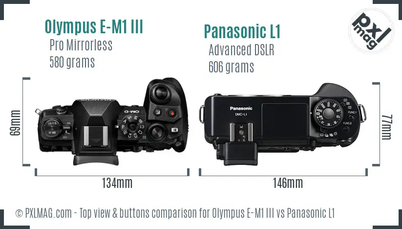 Olympus E-M1 III vs Panasonic L1 top view buttons comparison Olympus E-M1 III vs Panasonic L1 top view buttons comparison