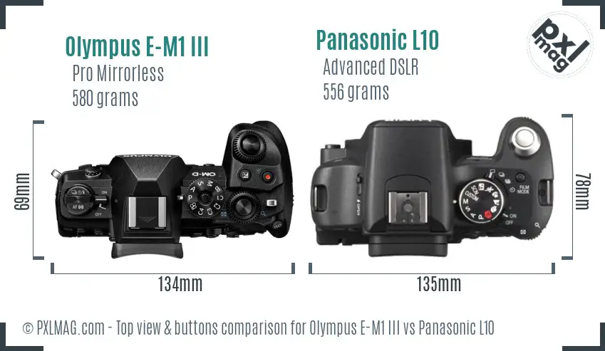 Olympus E-M1 III vs Panasonic L10 top view buttons comparison