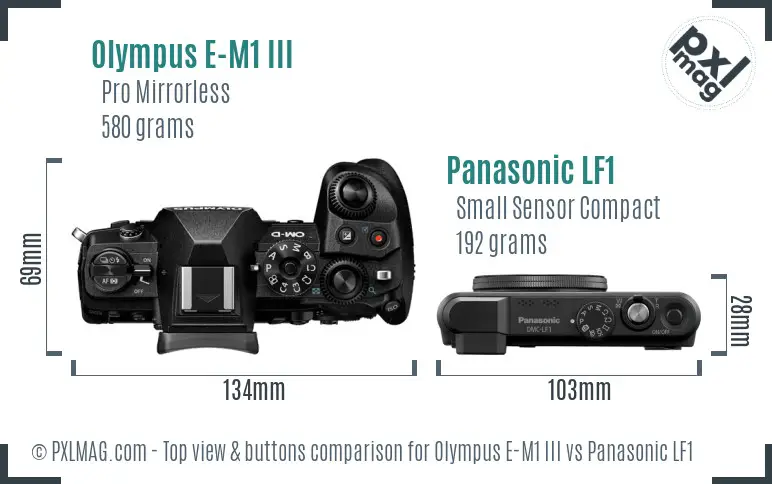 Olympus E-M1 III vs Panasonic LF1 top view buttons comparison Olympus E-M1 III vs Panasonic LF1 top view buttons comparison