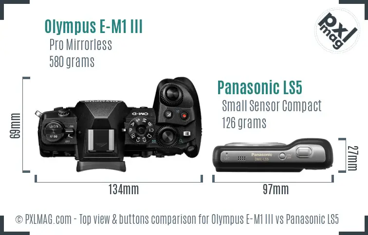 Olympus E-M1 III vs Panasonic LS5 top view buttons comparison Olympus E-M1 III vs Panasonic LS5 top view buttons comparison