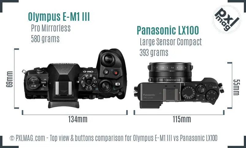 Olympus E-M1 III vs Panasonic LX100 top view buttons comparison