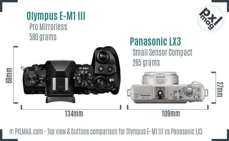 Olympus E-M1 III vs Panasonic LX3 top view buttons comparison