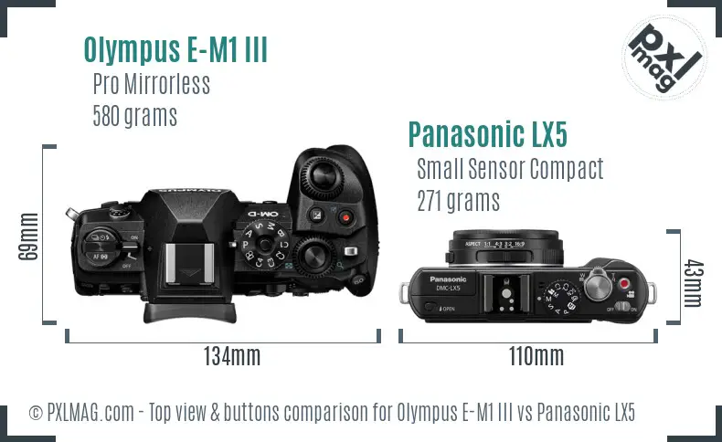 Olympus E-M1 III vs Panasonic LX5 top view buttons comparison