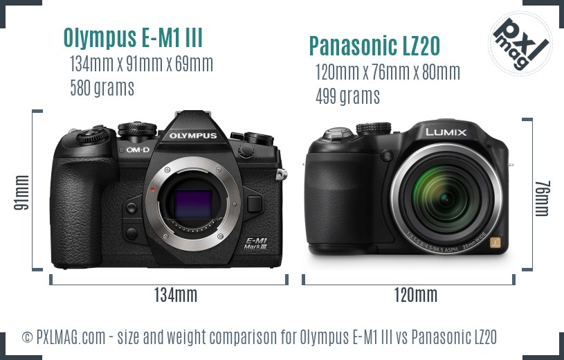 Olympus E-M1 III vs Panasonic LZ20 size comparison