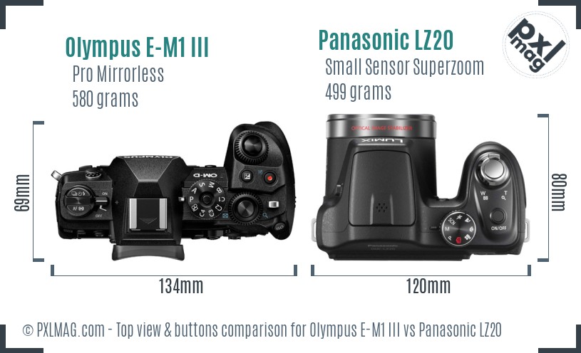 Olympus E-M1 III vs Panasonic LZ20 top view buttons comparison