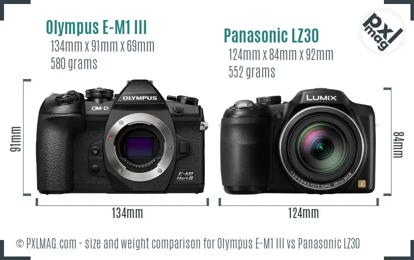 Olympus E-M1 III vs Panasonic LZ30 size comparison