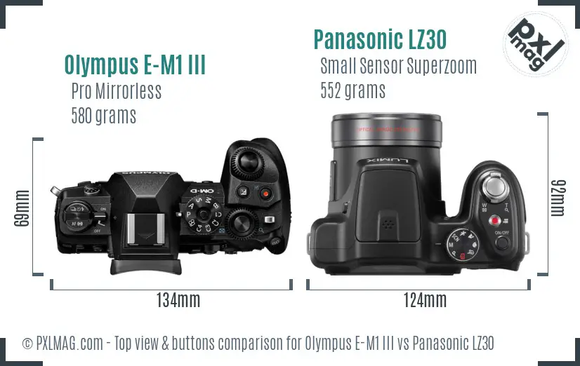 Olympus E-M1 III vs Panasonic LZ30 top view buttons comparison