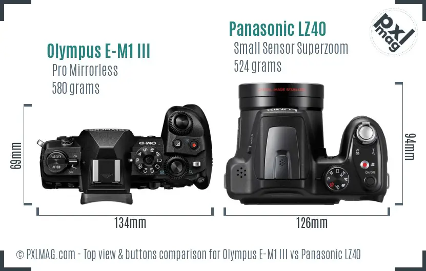 Olympus E-M1 III vs Panasonic LZ40 top view buttons comparison