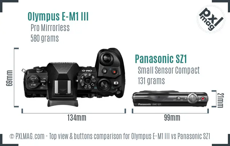 Olympus E-M1 III vs Panasonic SZ1 top view buttons comparison Olympus E-M1 III vs Panasonic SZ1 top view buttons comparison
