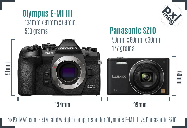 Olympus E-M1 III vs Panasonic SZ10 size comparison
