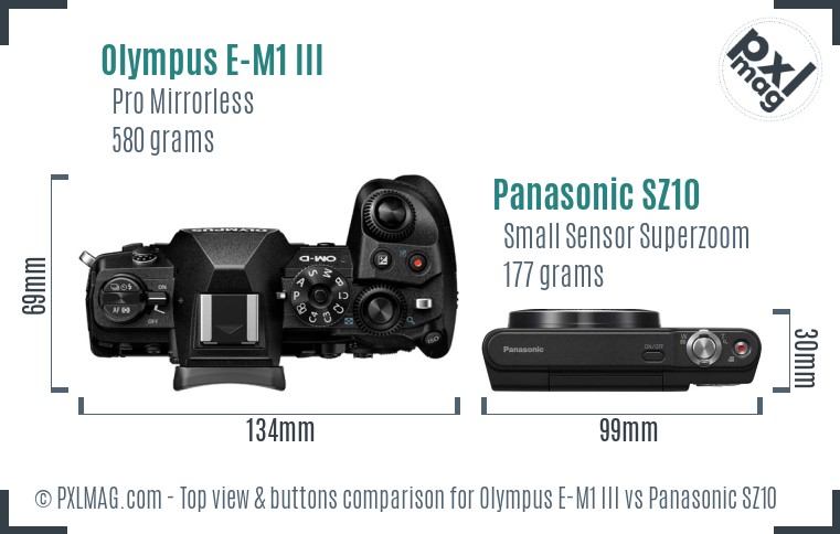 Olympus E-M1 III vs Panasonic SZ10 top view buttons comparison