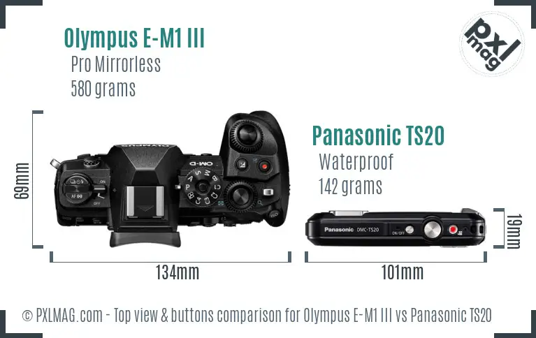 Olympus E-M1 III vs Panasonic TS20 top view buttons comparison Olympus E-M1 III vs Panasonic TS20 top view buttons comparison