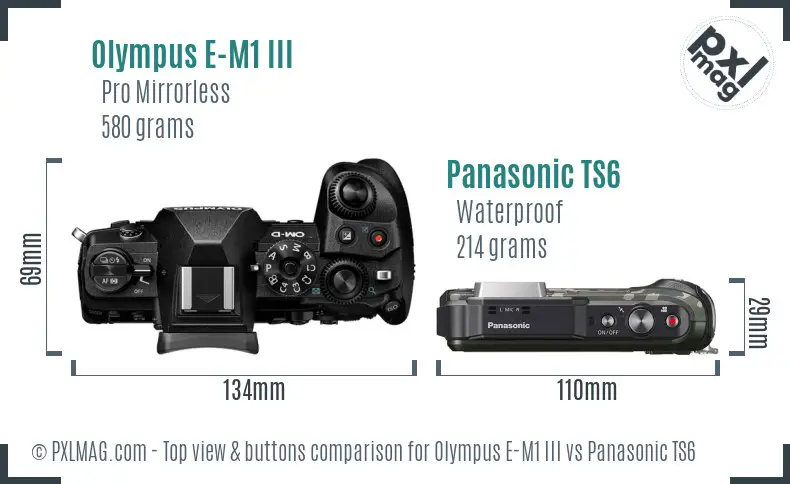 Olympus E-M1 III vs Panasonic TS6 top view buttons comparison