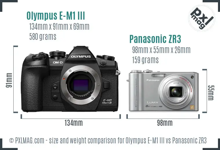 Olympus E-M1 III vs Panasonic ZR3 size comparison