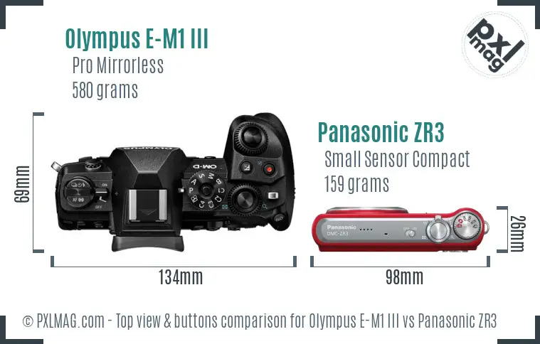 Olympus E-M1 III vs Panasonic ZR3 top view buttons comparison