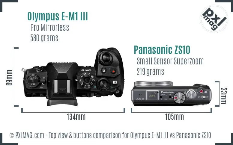 Olympus E-M1 III vs Panasonic ZS10 top view buttons comparison