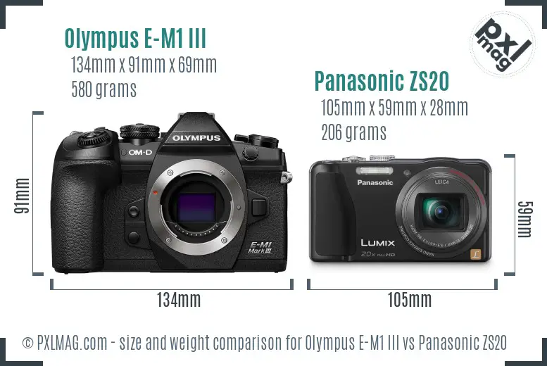 Olympus E-M1 III vs Panasonic ZS20 size comparison