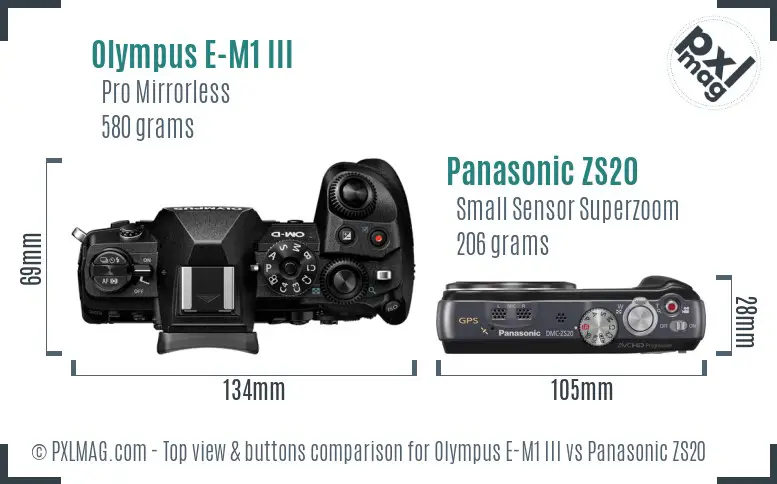 Olympus E-M1 III vs Panasonic ZS20 top view buttons comparison