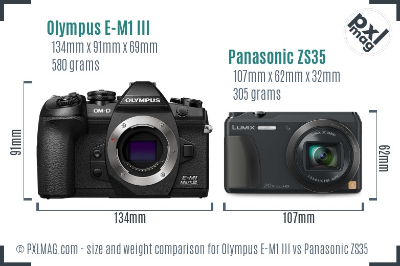 Olympus E-M1 III vs Panasonic ZS35 size comparison