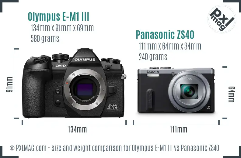 Olympus E-M1 III vs Panasonic ZS40 size comparison