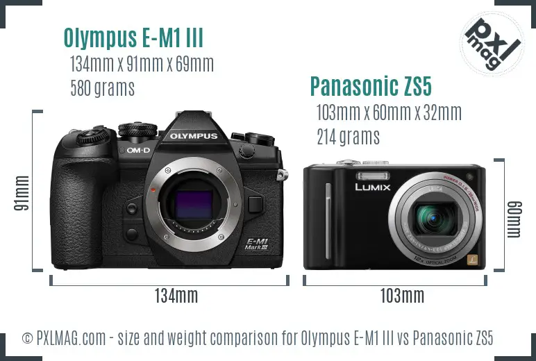 Olympus E-M1 III vs Panasonic ZS5 size comparison
