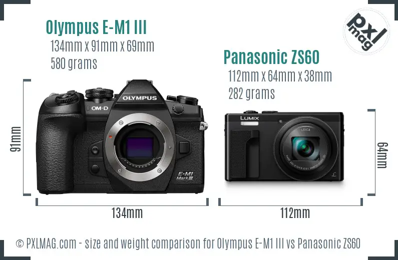 Olympus E-M1 III vs Panasonic ZS60 size comparison