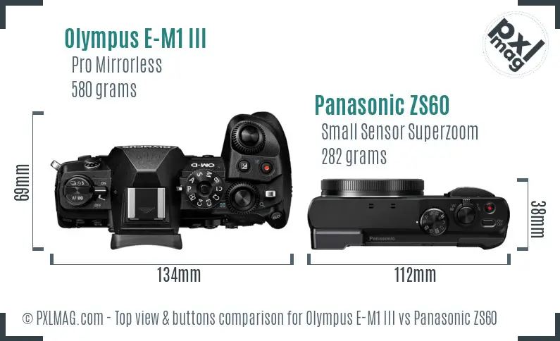 Olympus E-M1 III vs Panasonic ZS60 top view buttons comparison