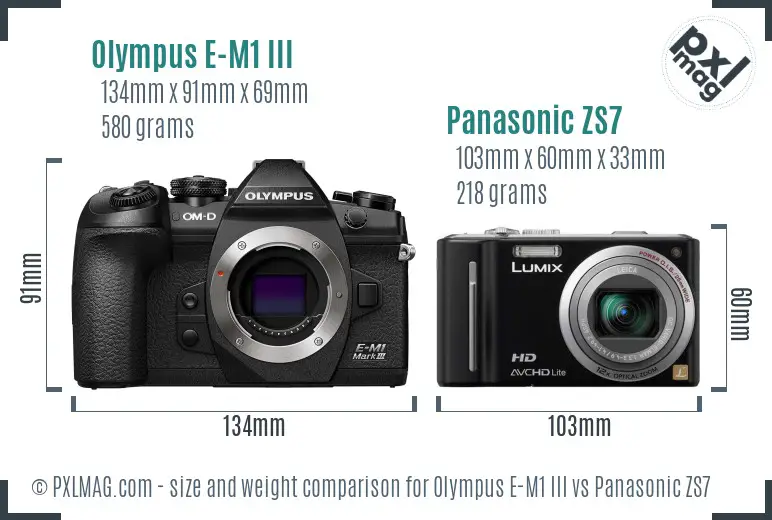 Olympus E-M1 III vs Panasonic ZS7 size comparison